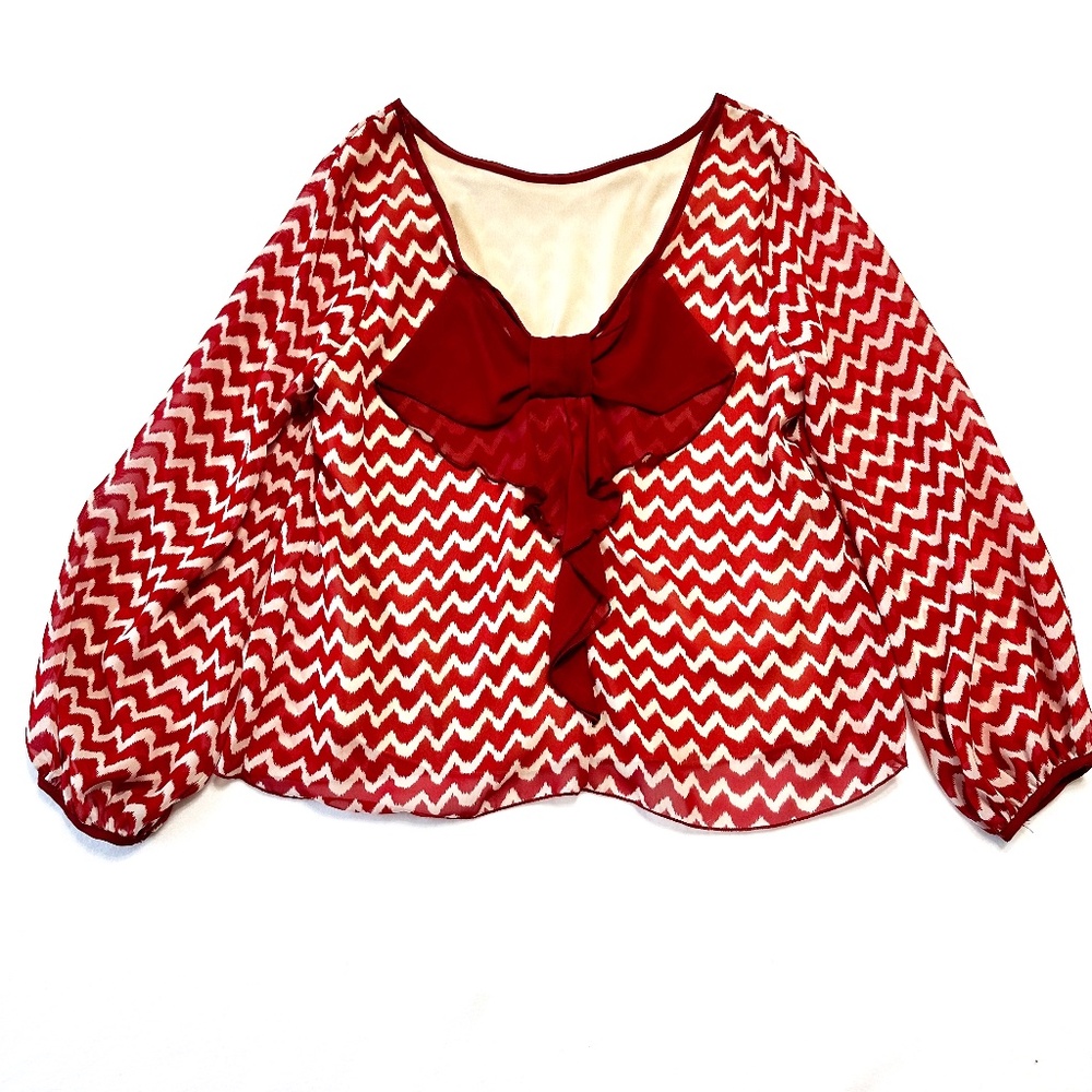 Crece Chevron Blouse Womens Medium Red Beige Bow Tie Neck Long Sleeve Top